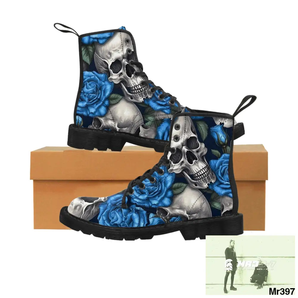 Gothic Skull and Blue Roses Canvas Boots AOP US 7 / Black sole Shoes