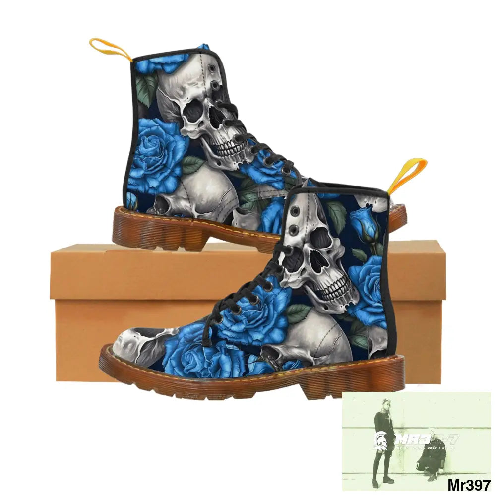 Gothic Skull and Blue Roses Canvas Boots AOP US 7 / Brown sole Shoes