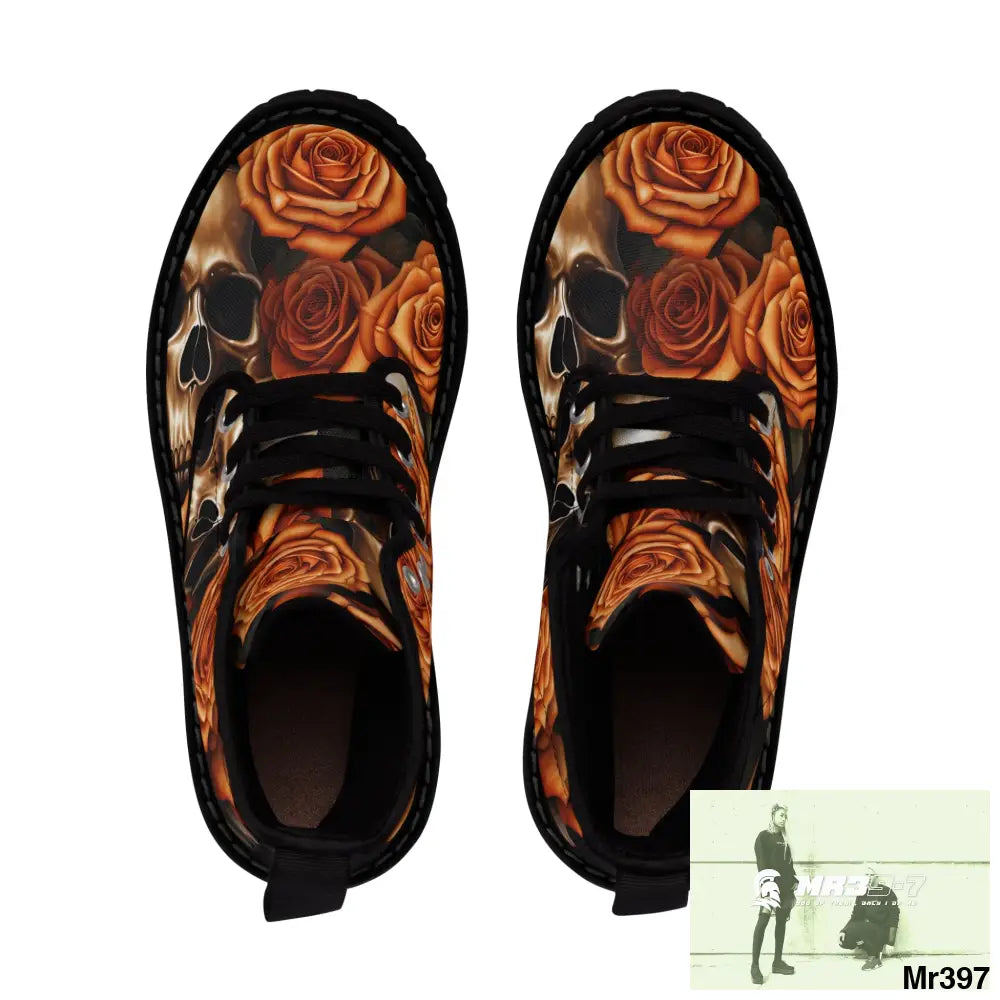 Gothic Skull and Orange Roses Canvas Boots AOP Shoes