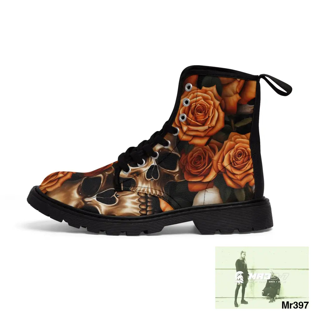 Gothic Skull and Orange Roses Canvas Boots AOP Shoes