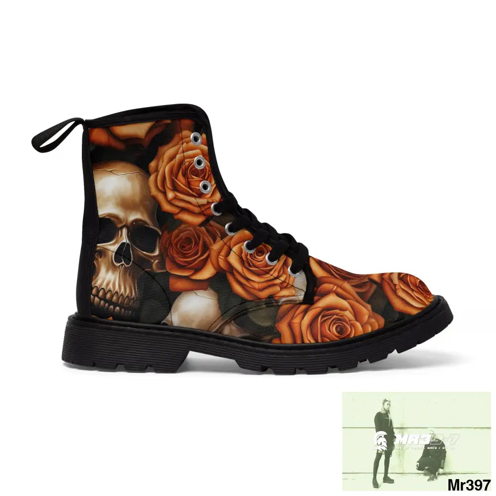 Gothic Skull and Orange Roses Canvas Boots AOP Shoes