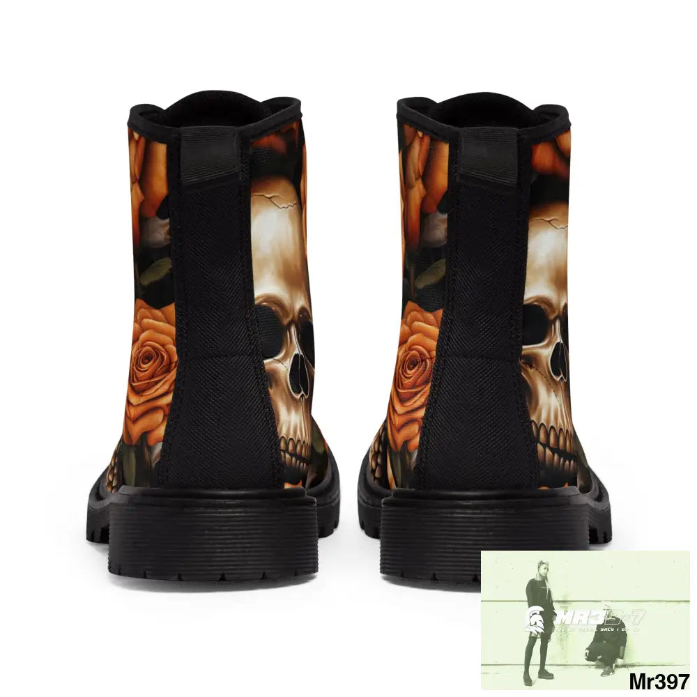 Gothic Skull and Orange Roses Canvas Boots AOP Shoes