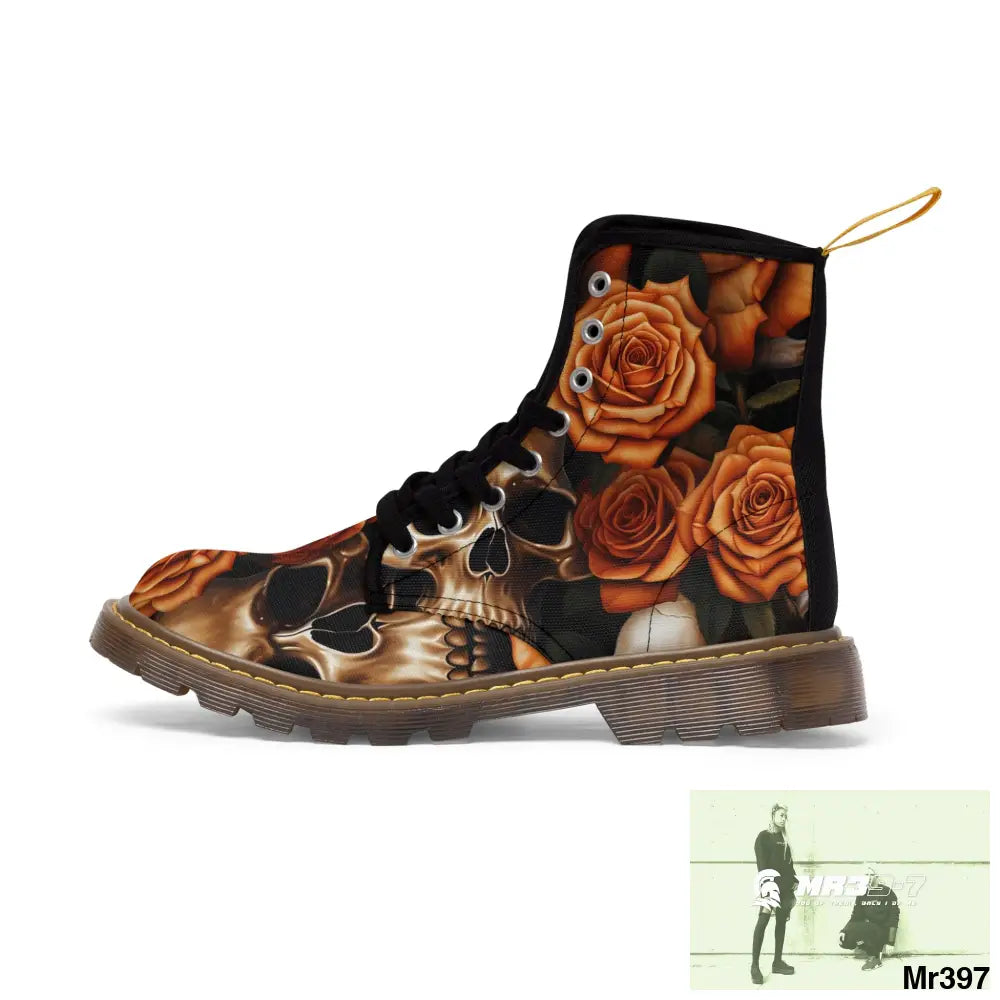 Gothic Skull and Orange Roses Canvas Boots AOP Shoes