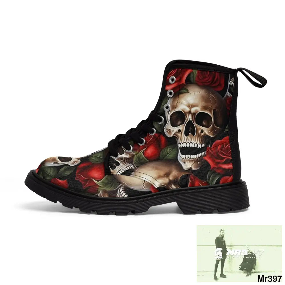 Gothic Skull and Red Roses Canvas Boots AOP Shoes