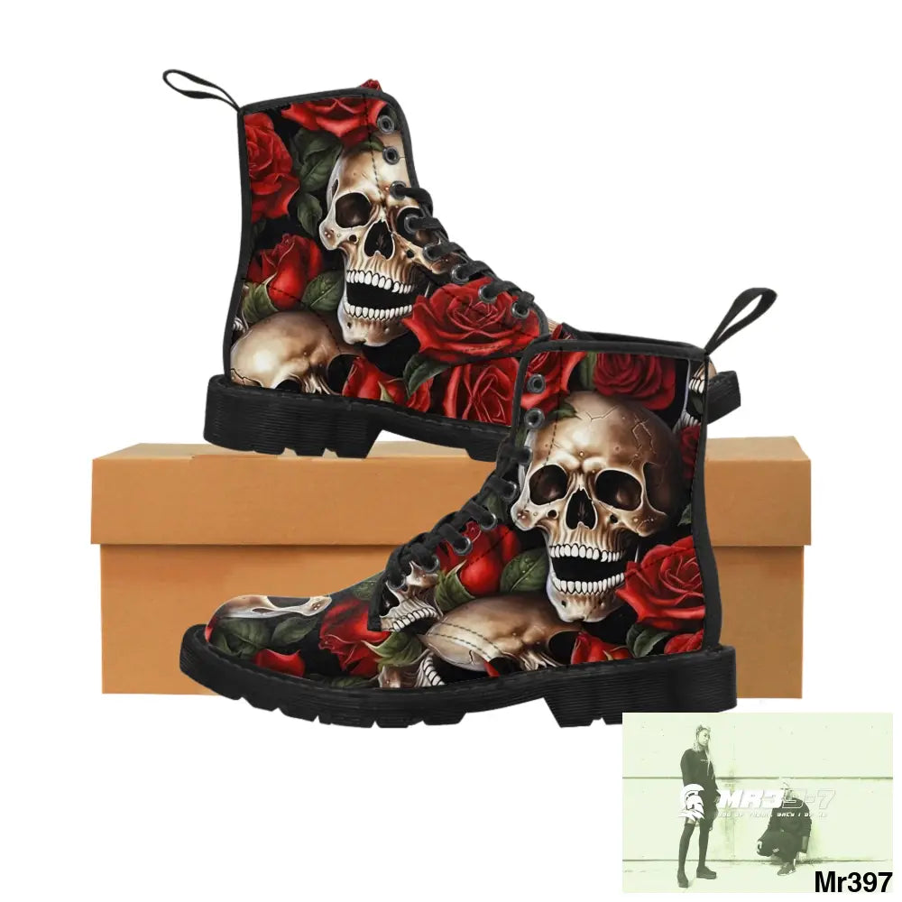 Gothic Skull and Red Roses Canvas Boots AOP US 7 / Black sole Shoes