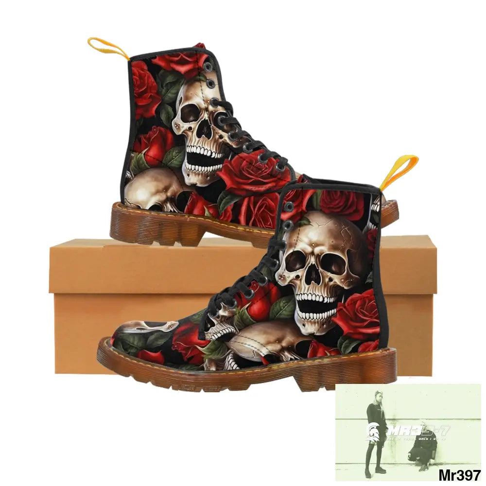 Gothic Skull and Red Roses Canvas Boots AOP US 7 / Brown sole Shoes