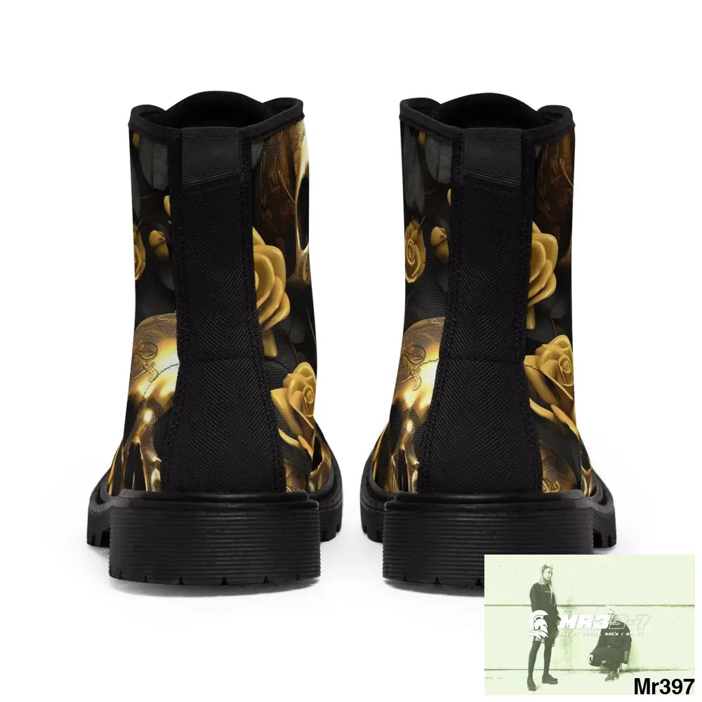 Gothic Skull and White Roses Canvas Boots AOP Shoes