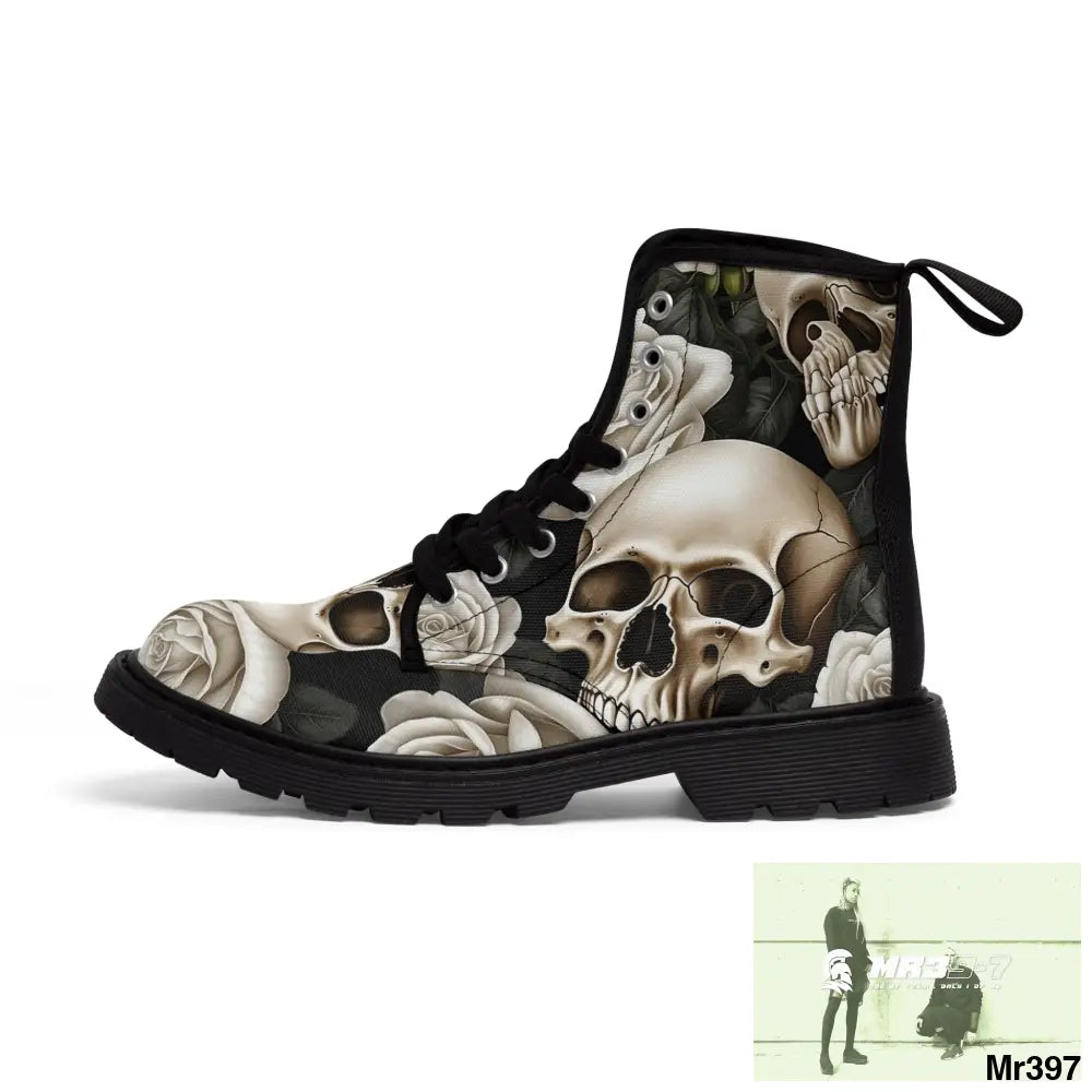 Gothic Skull and White Roses Canvas Boots AOP Shoes