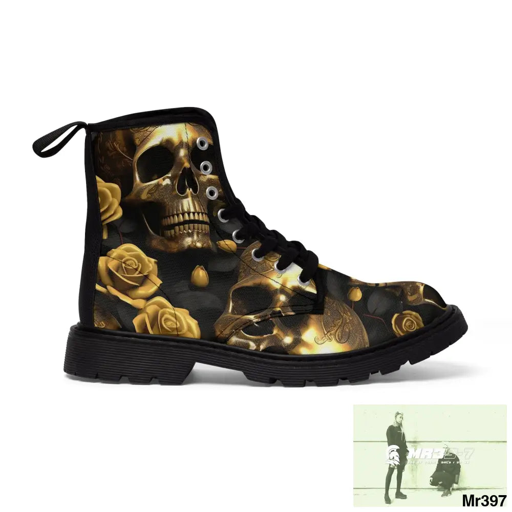Gothic Skull and White Roses Canvas Boots AOP Shoes