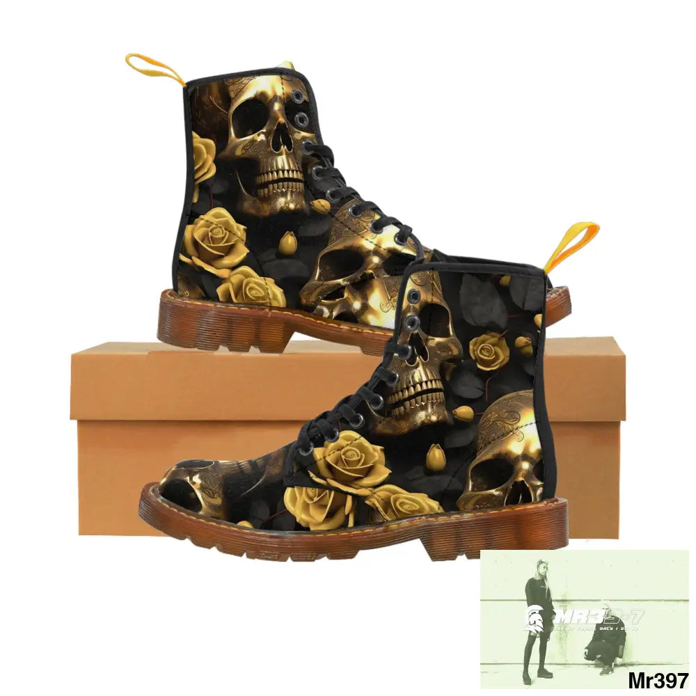 Gothic Skull and White Roses Canvas Boots AOP Shoes
