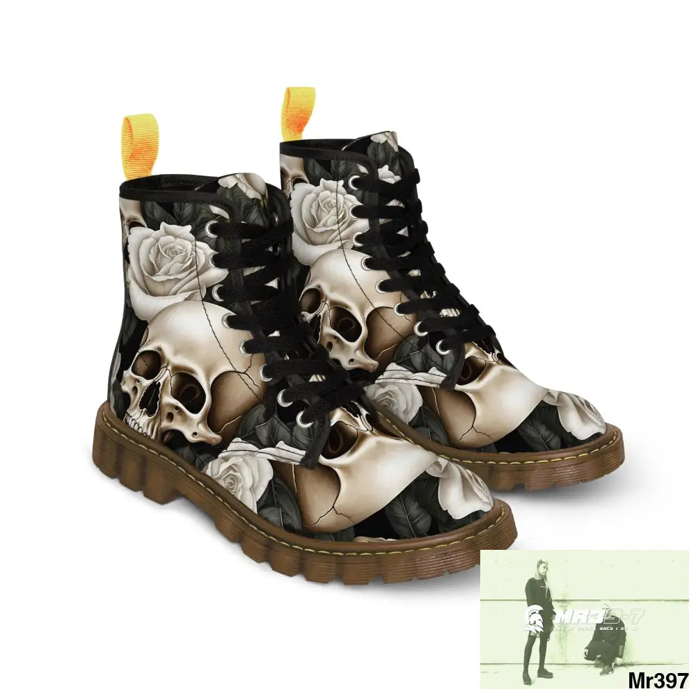 Gothic Skull and White Roses Canvas Boots AOP Shoes