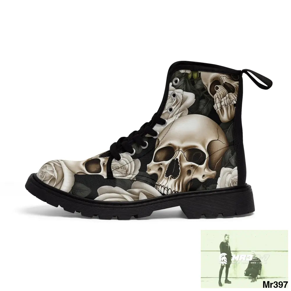 Gothic Skull and White Roses Canvas Boots AOP Shoes