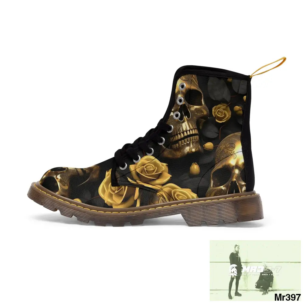 Gothic Skull and White Roses Canvas Boots AOP Shoes