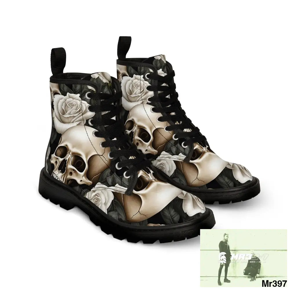 Gothic Skull and White Roses Canvas Boots AOP Shoes