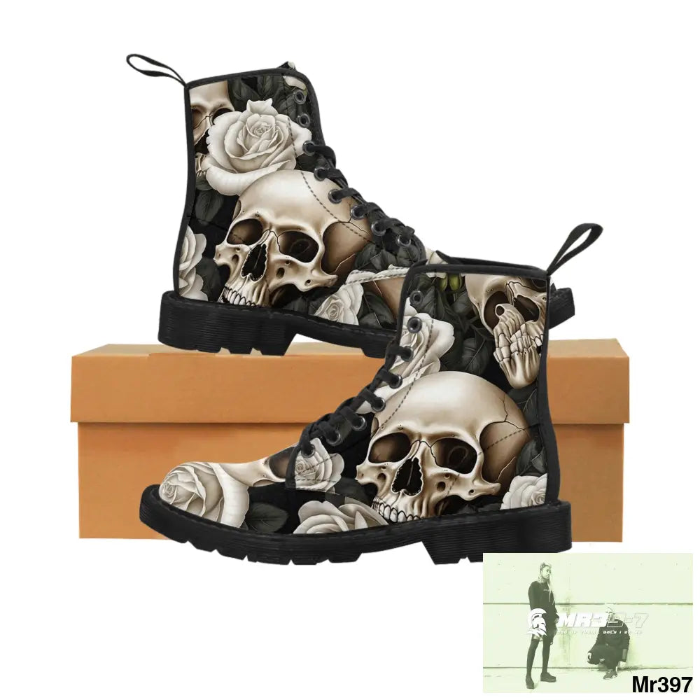 Gothic Skull and White Roses Canvas Boots AOP Shoes