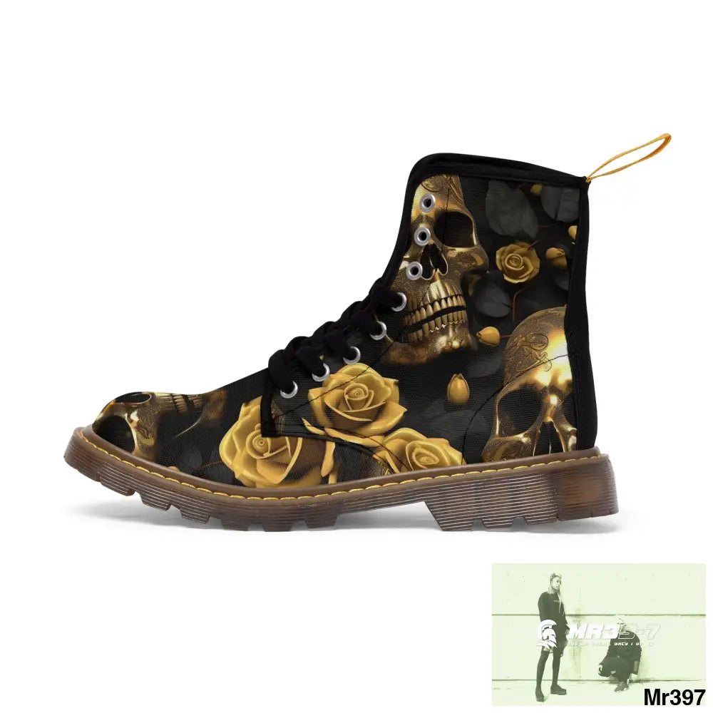 Gothic Skull and White Roses Canvas Boots AOP Shoes