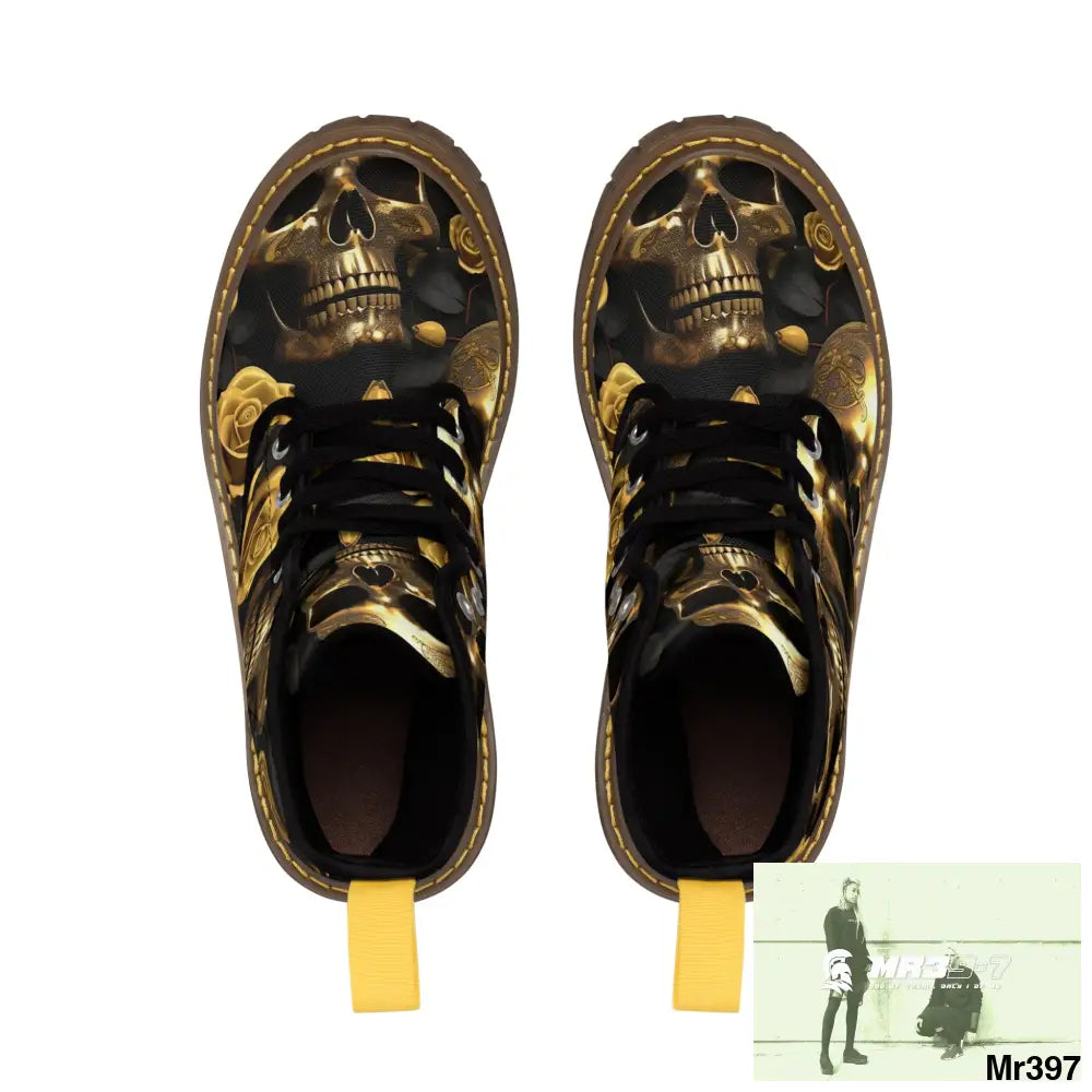 Gothic Skull and White Roses Canvas Boots AOP Shoes