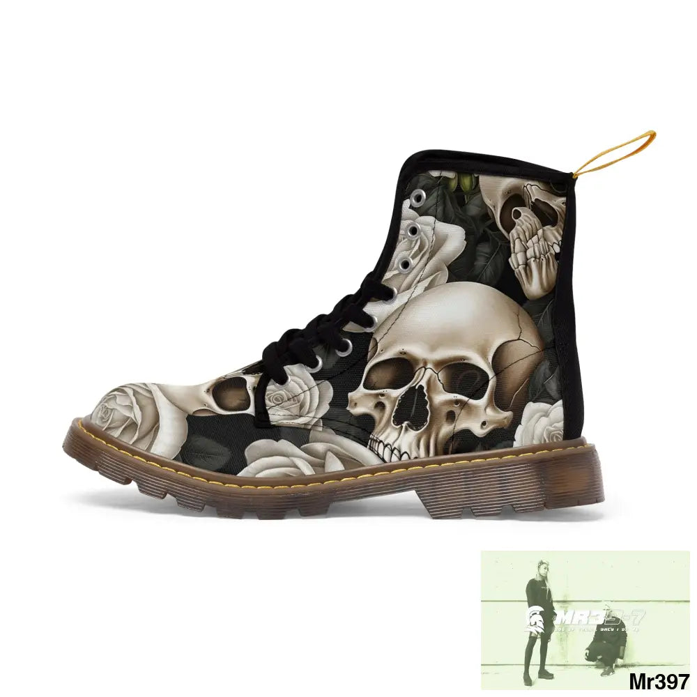 Gothic Skull and White Roses Canvas Boots AOP Shoes