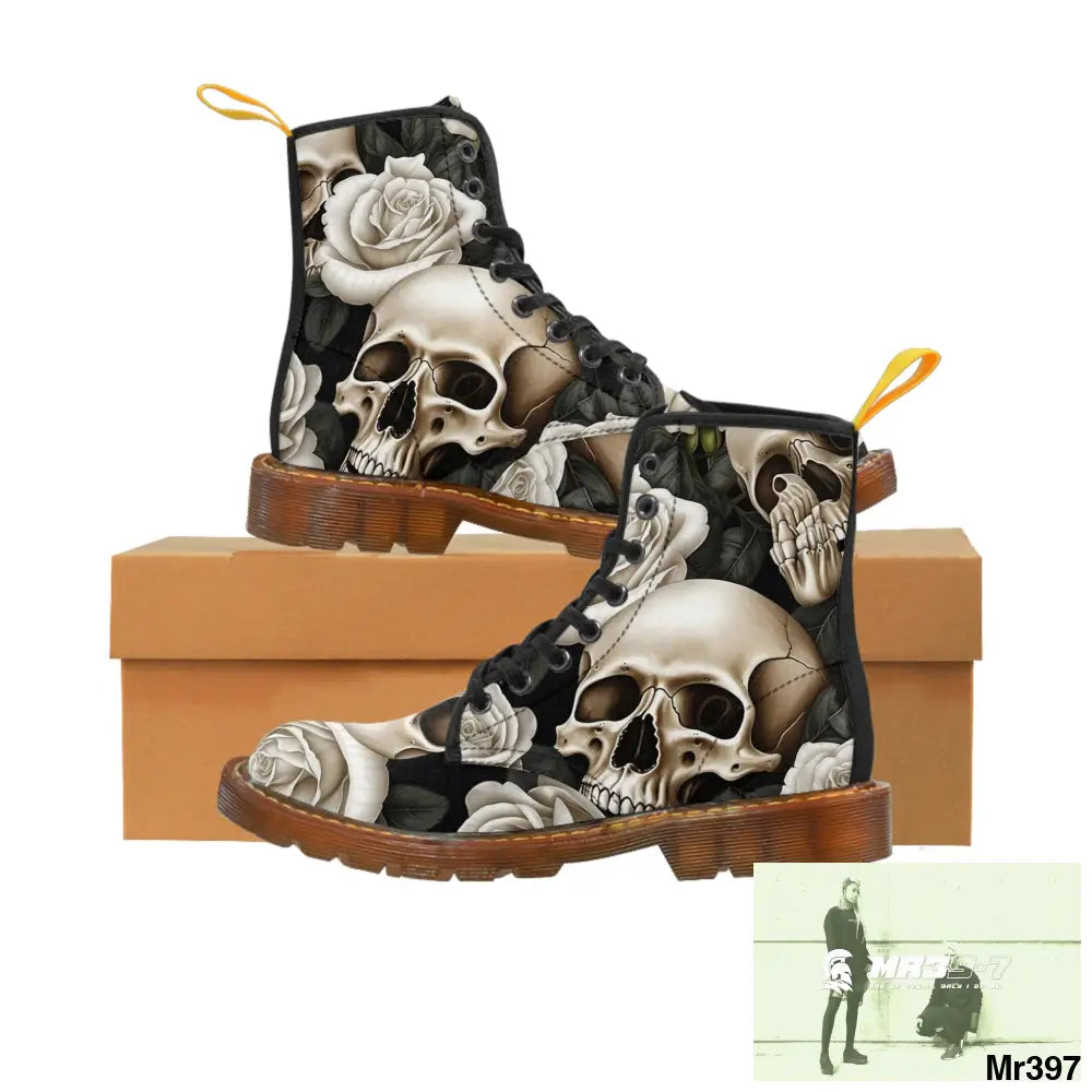 Gothic Skull and White Roses Canvas Boots AOP Shoes