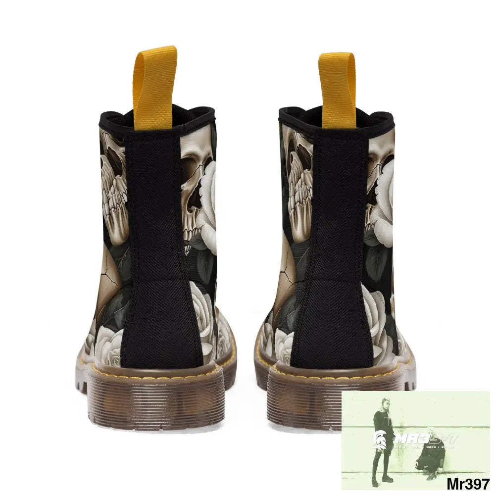 Gothic Skull and White Roses Canvas Boots AOP Shoes