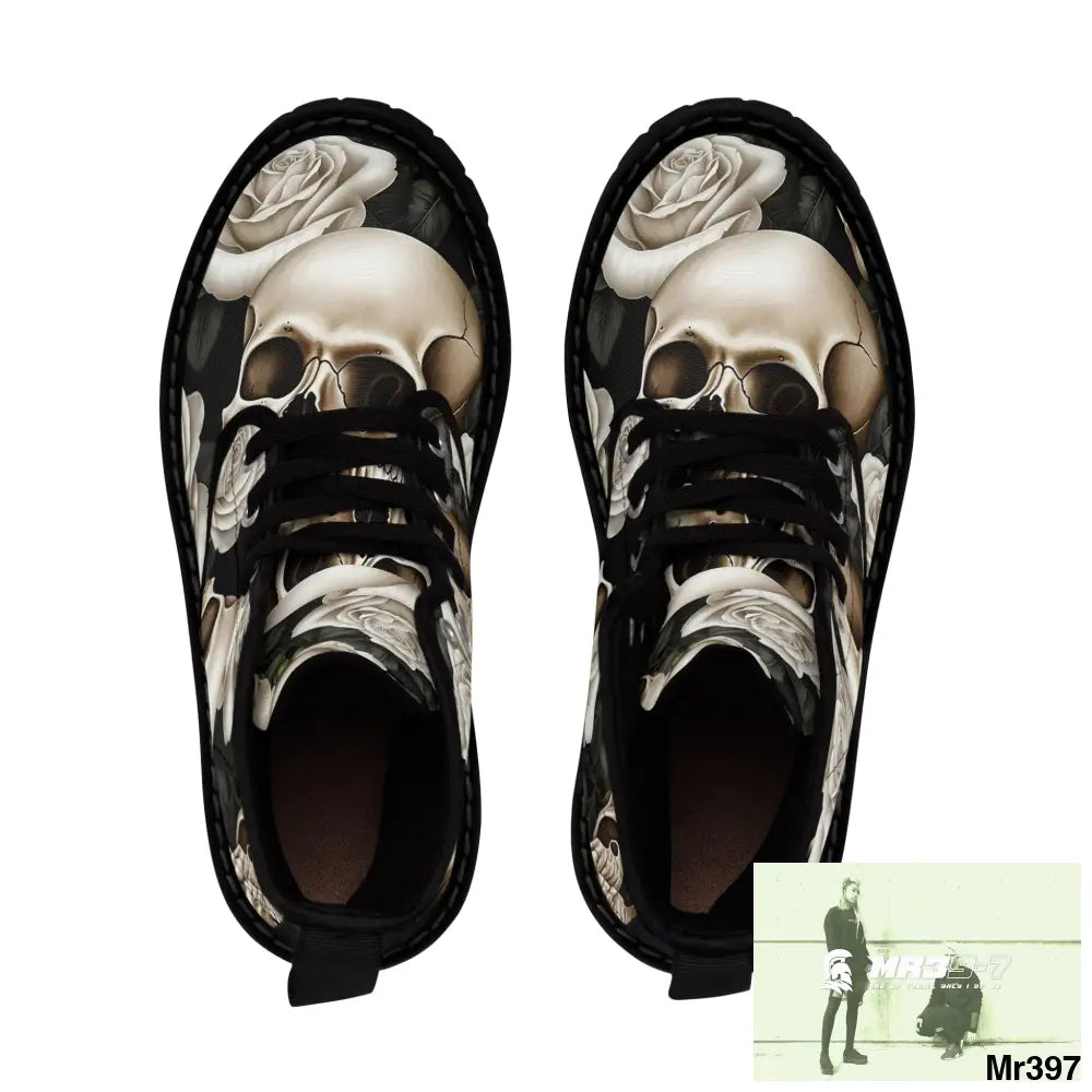 Gothic Skull and White Roses Canvas Boots AOP Shoes