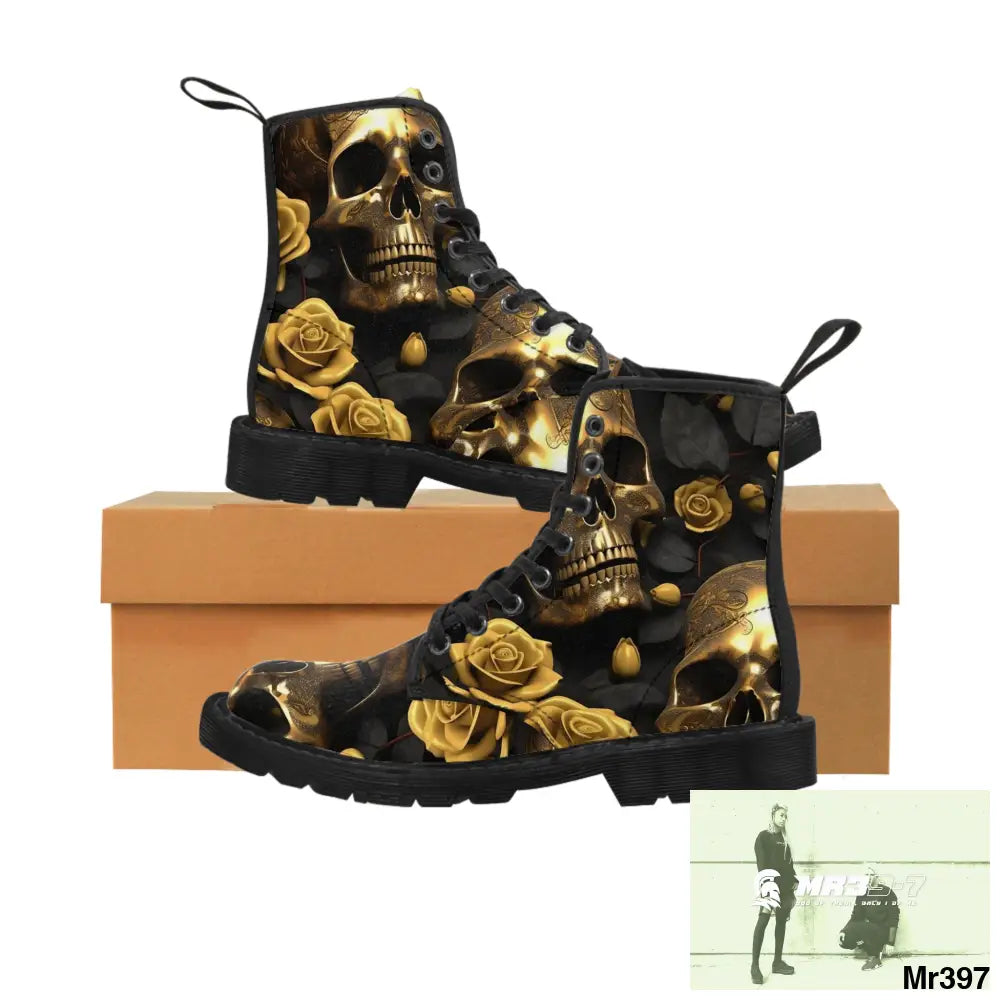 Gothic Skull and White Roses Canvas Boots AOP Shoes