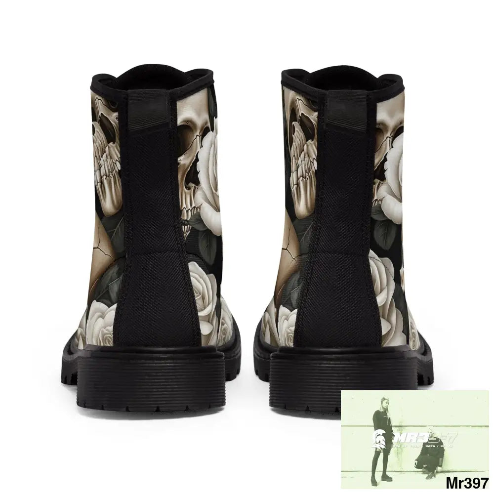 Gothic Skull and White Roses Canvas Boots AOP Shoes