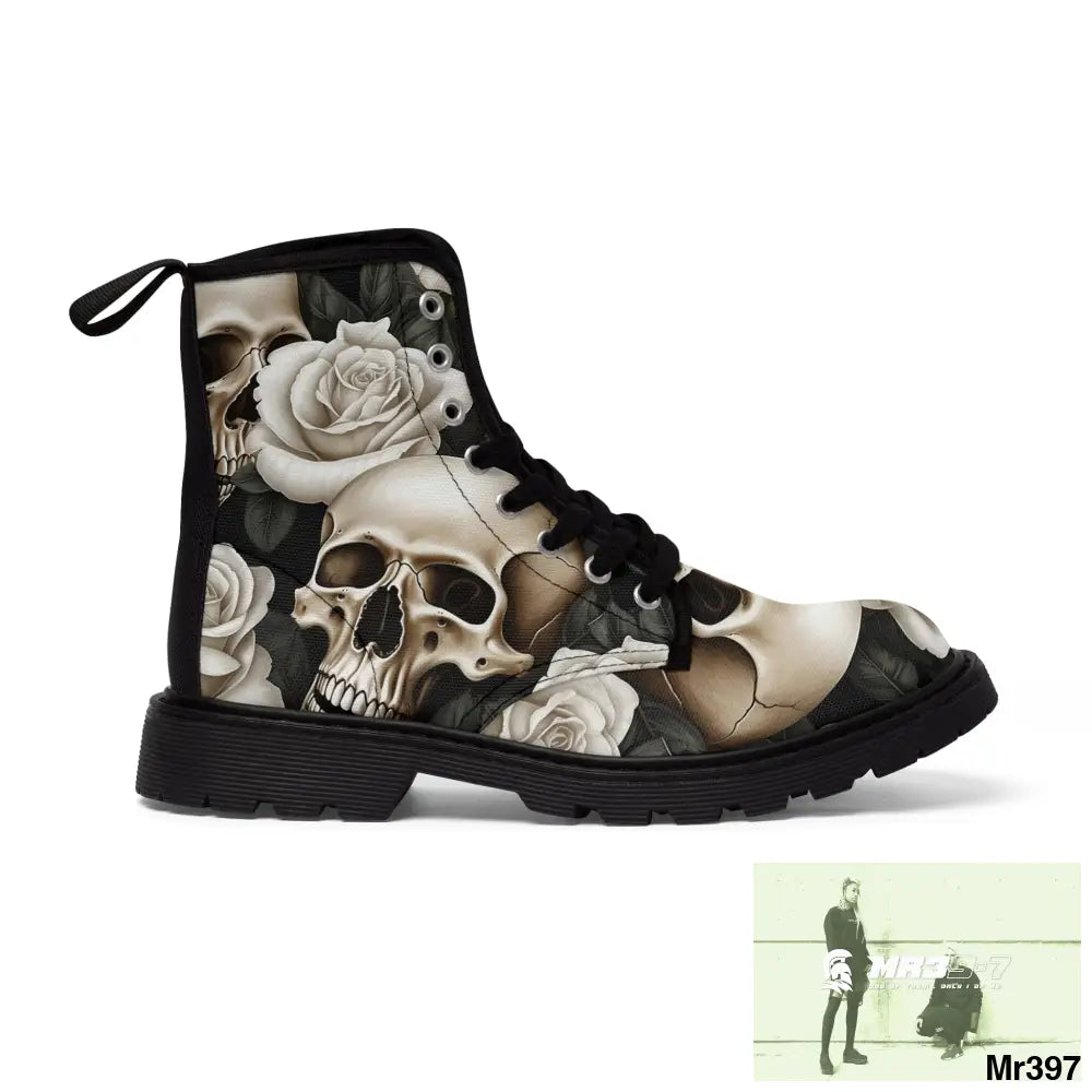Gothic Skull and White Roses Canvas Boots AOP US 7 / Black sole Shoes