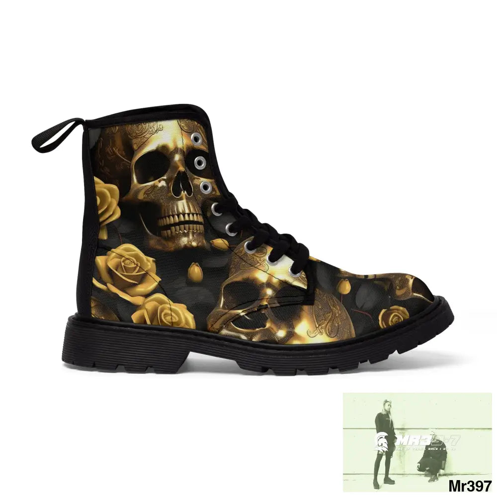 Gothic Skull and White Roses Canvas Boots AOP US 7 / Black sole Shoes