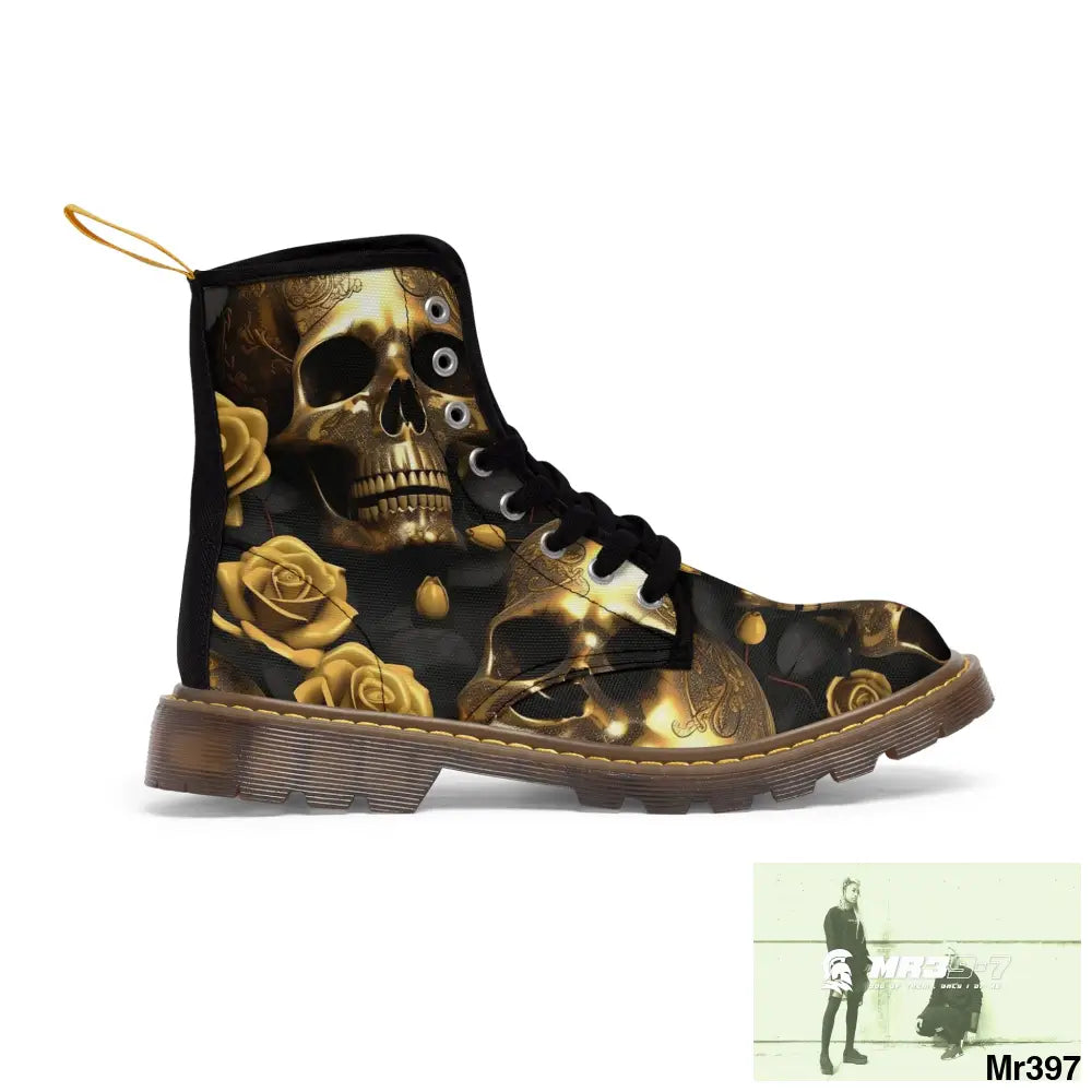 Gothic Skull and White Roses Canvas Boots AOP US 7 / Brown sole Shoes