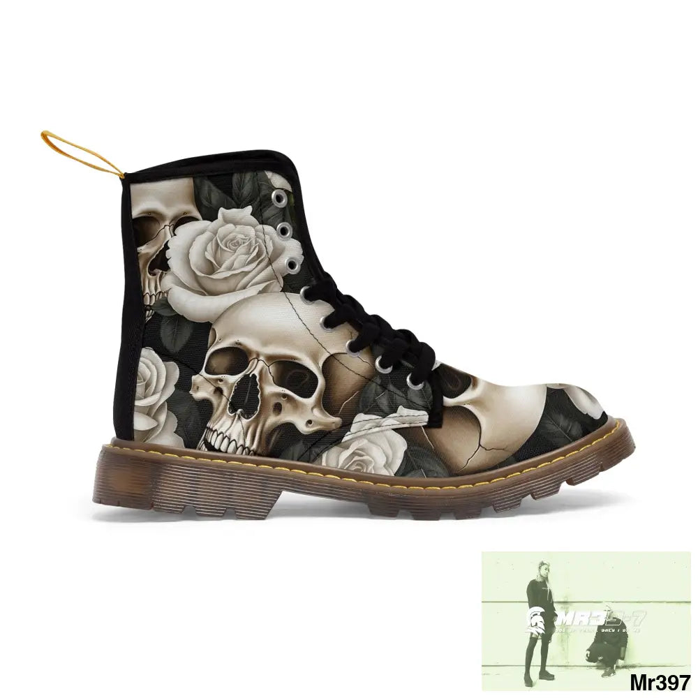 Gothic Skull and White Roses Canvas Boots AOP US 7 / Brown sole Shoes