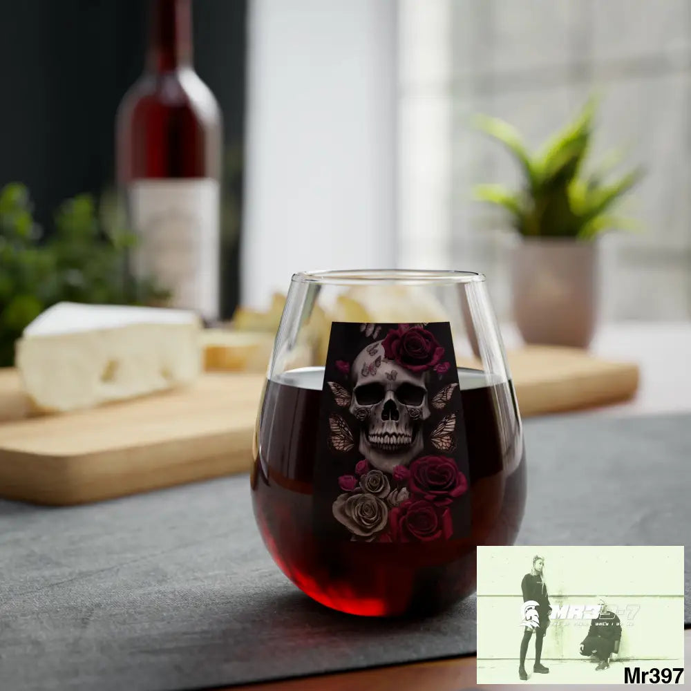Gothic Skull Red Roses butterflies Stemless Wine Glass 11.75oz 11.75oz Mug