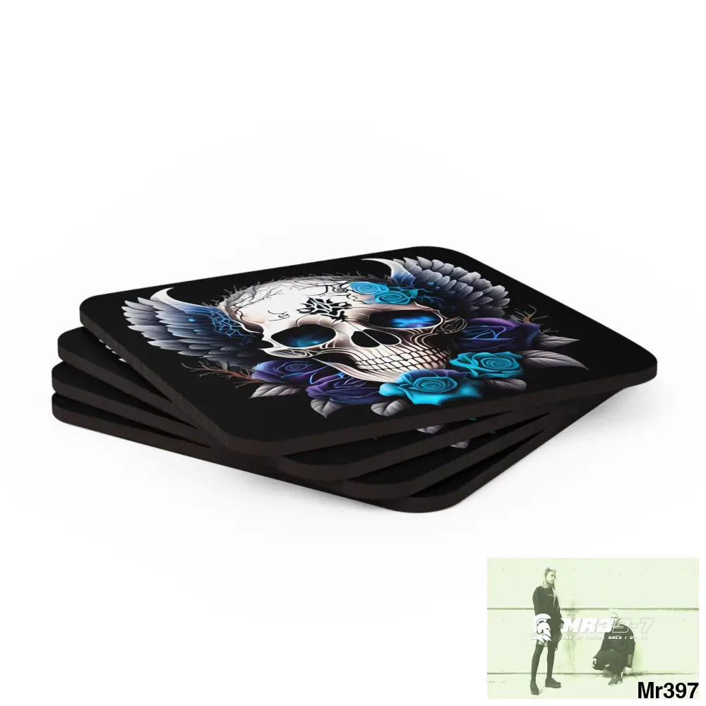 Gothic Skull wings and Blue Roses Corkwood Coaster Set Cork / 3.75’’ × 3.75’’ / Square Home Decor