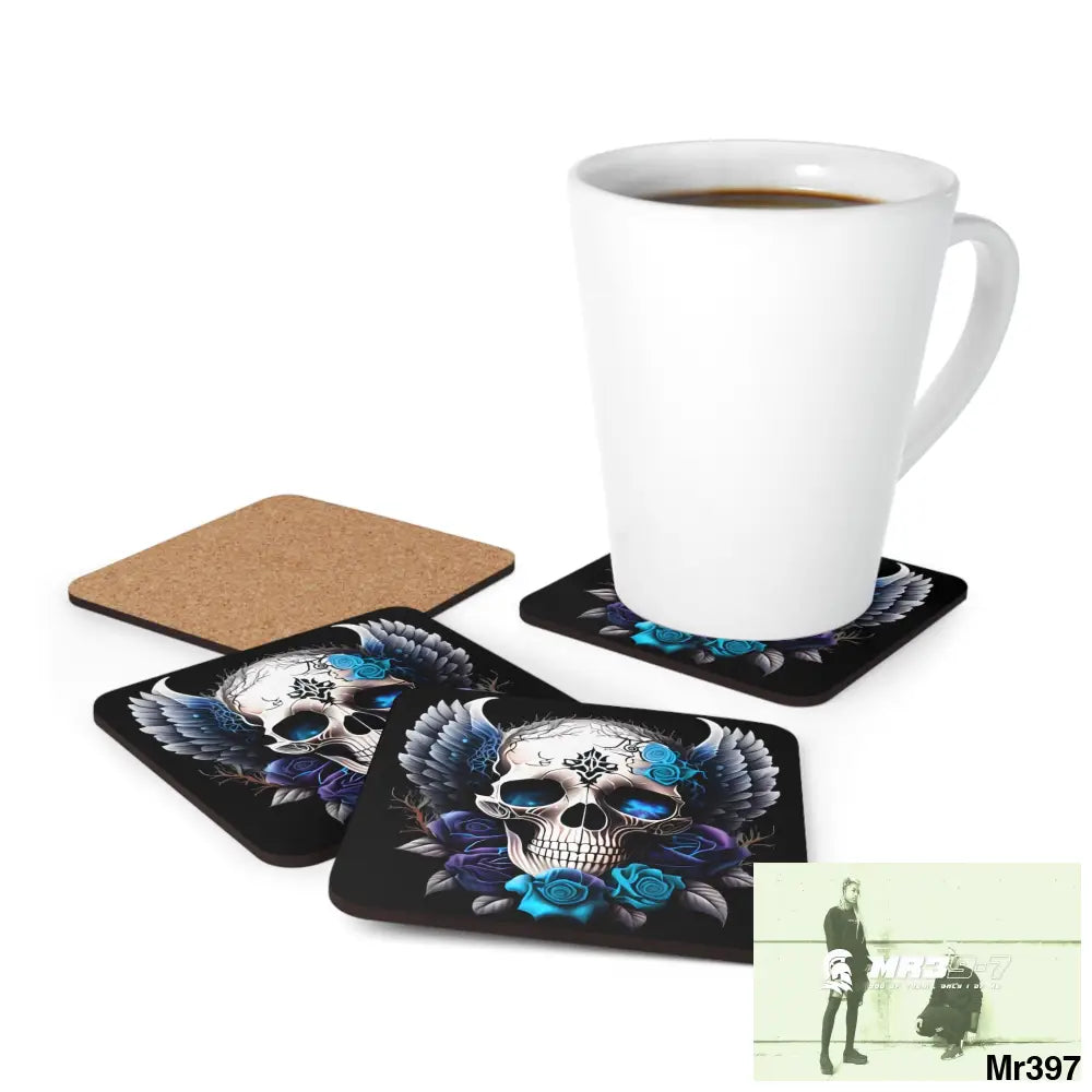 Gothic Skull wings and Blue Roses Corkwood Coaster Set Cork / 3.75’’ × 3.75’’ / Square Home Decor