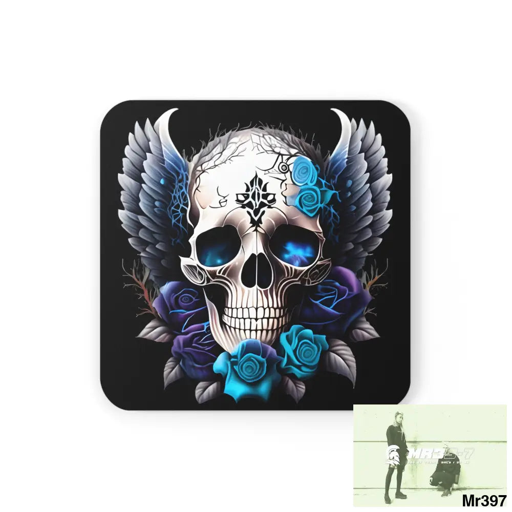 Gothic Skull wings and Blue Roses Corkwood Coaster Set Cork / 3.75’’ × 3.75’’ / Square Home Decor