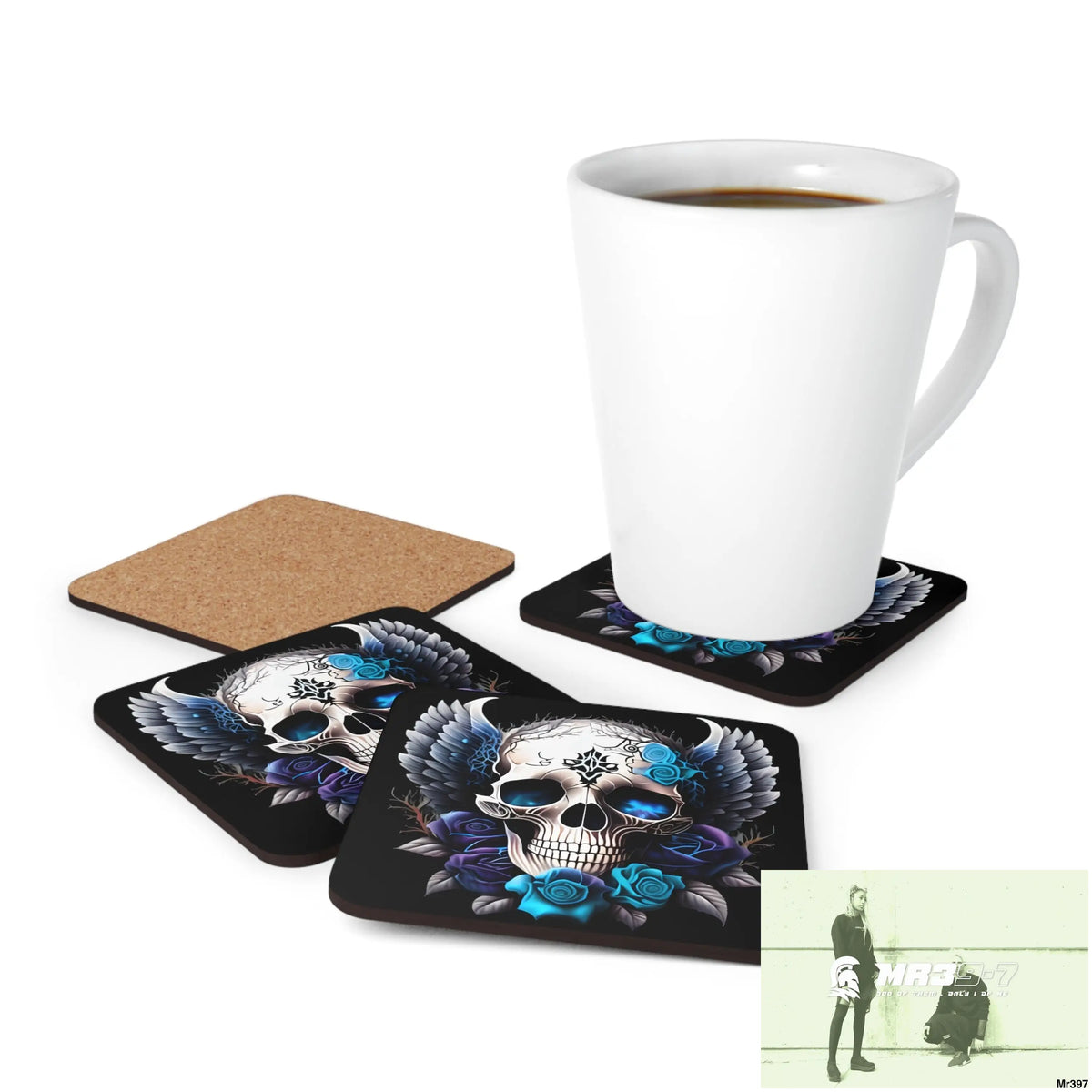 Gothic Skull wings and Blue Roses Corkwood Coaster Set Cork / 3.75’’ × 3.75’’ / Square Home Decor