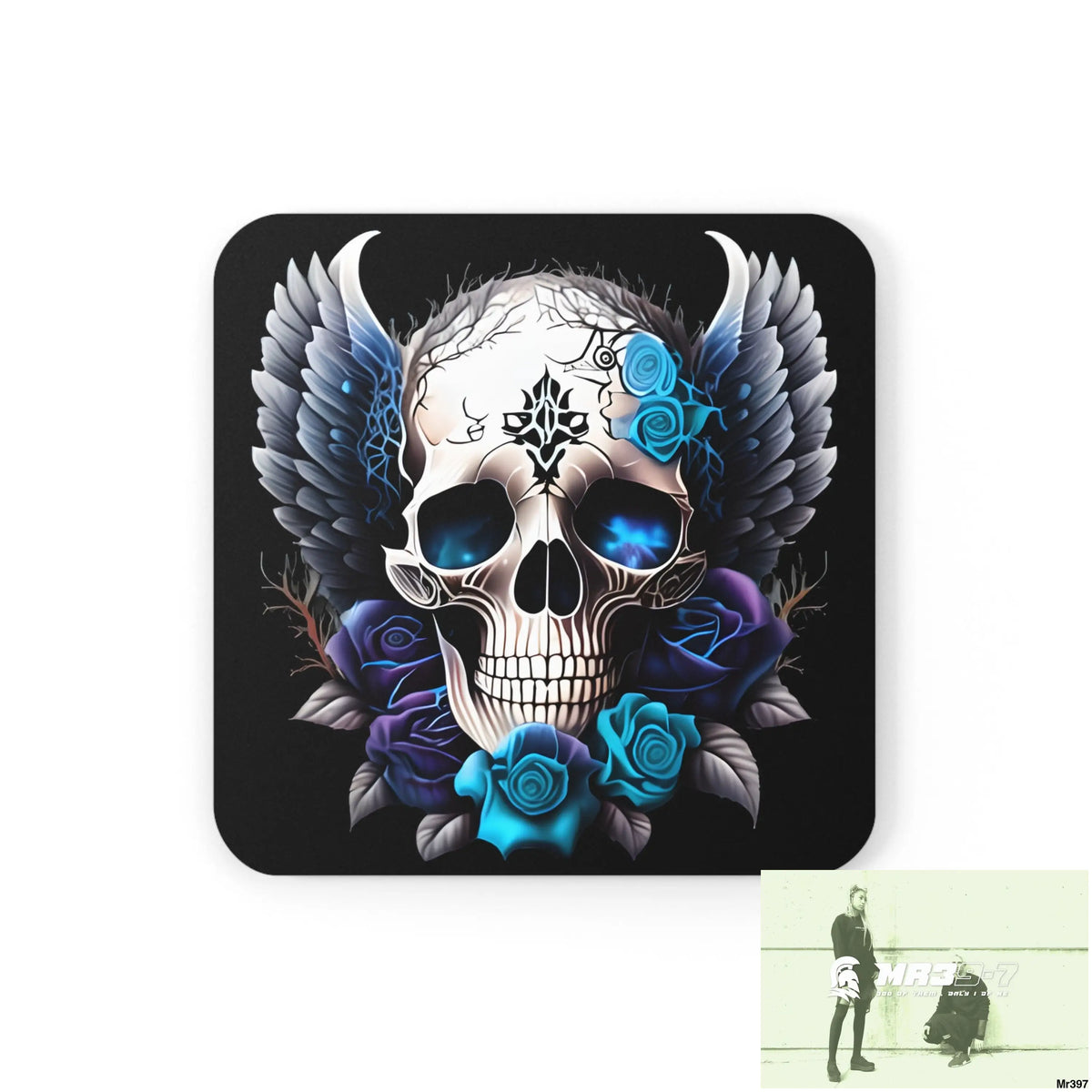 Gothic Skull wings and Blue Roses Corkwood Coaster Set Cork / 3.75’’ × 3.75’’ / Square Home Decor