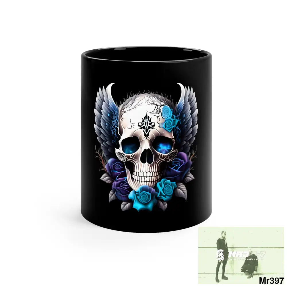 Gothic Skull with Black Wings and Blue Roses 11oz Black Mug 11oz Mug
