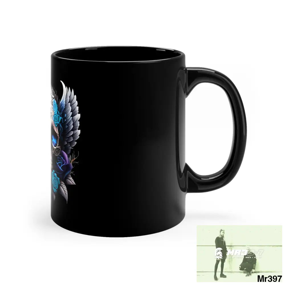 Gothic Skull with Black Wings and Blue Roses 11oz Black Mug 11oz Mug