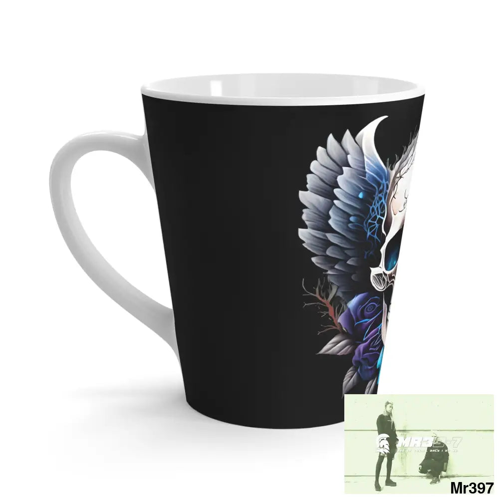 Gothic Skull with Black wings and Blue Roses Latte Mug 12oz Mug