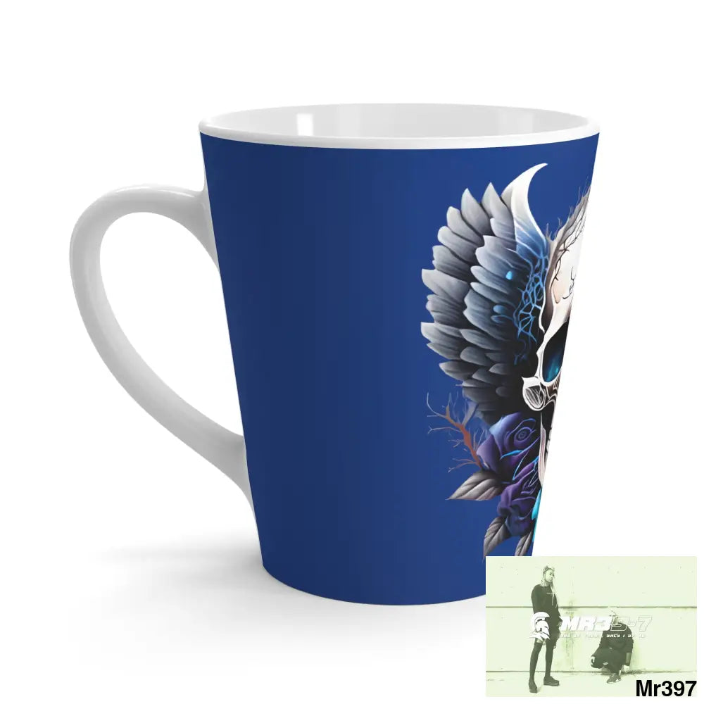 Gothic Skull with Black wings and Blue Roses Latte Mug 12oz Mug