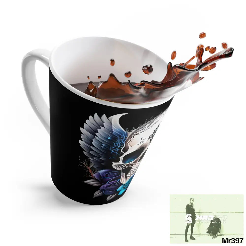 Gothic Skull with Black wings and Blue Roses Latte Mug 12oz Mug