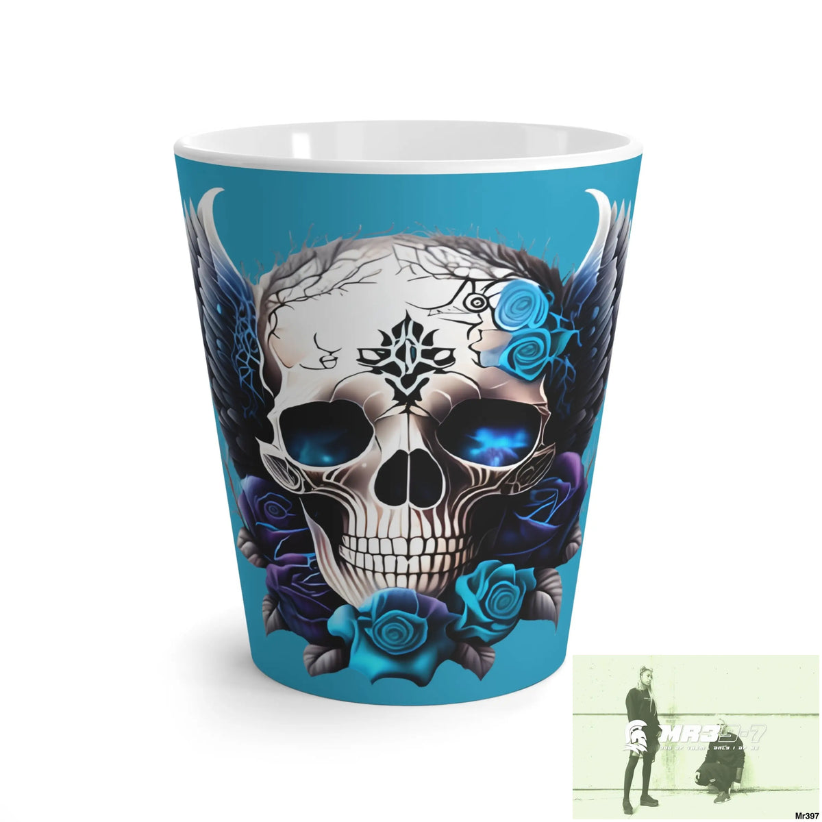 Gothic Skull with Black wings and Blue Roses Latte Mug 12oz Mug
