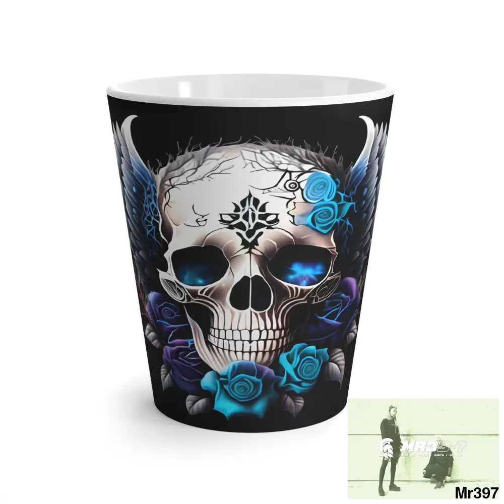 Gothic Skull with Black wings and Blue Roses Latte Mug 12oz Mug