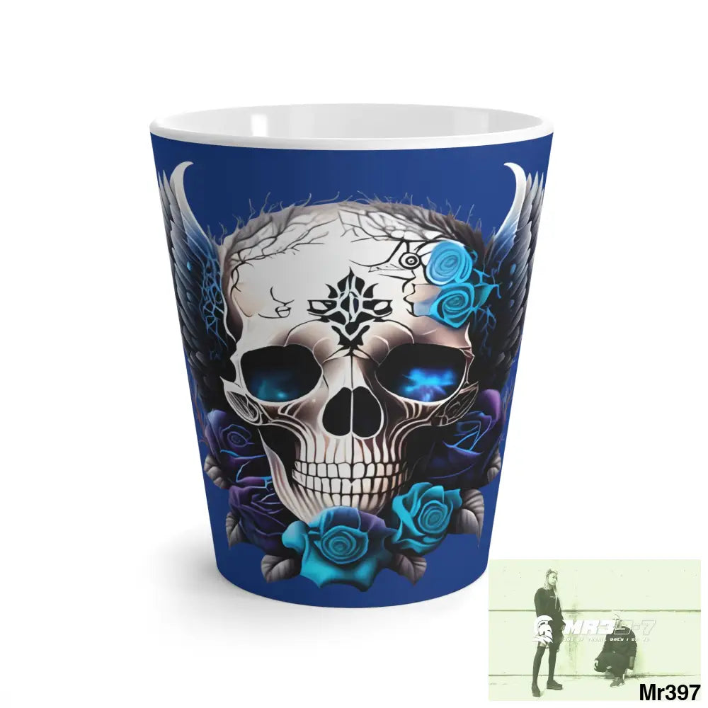 Gothic Skull with Black wings and Blue Roses Latte Mug 12oz Mug