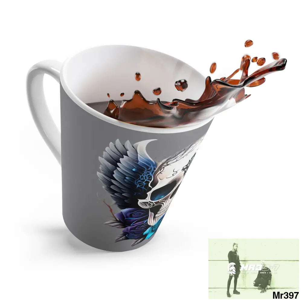 Gothic Skull with Black wings and Blue Roses Latte Mug 12oz Mug