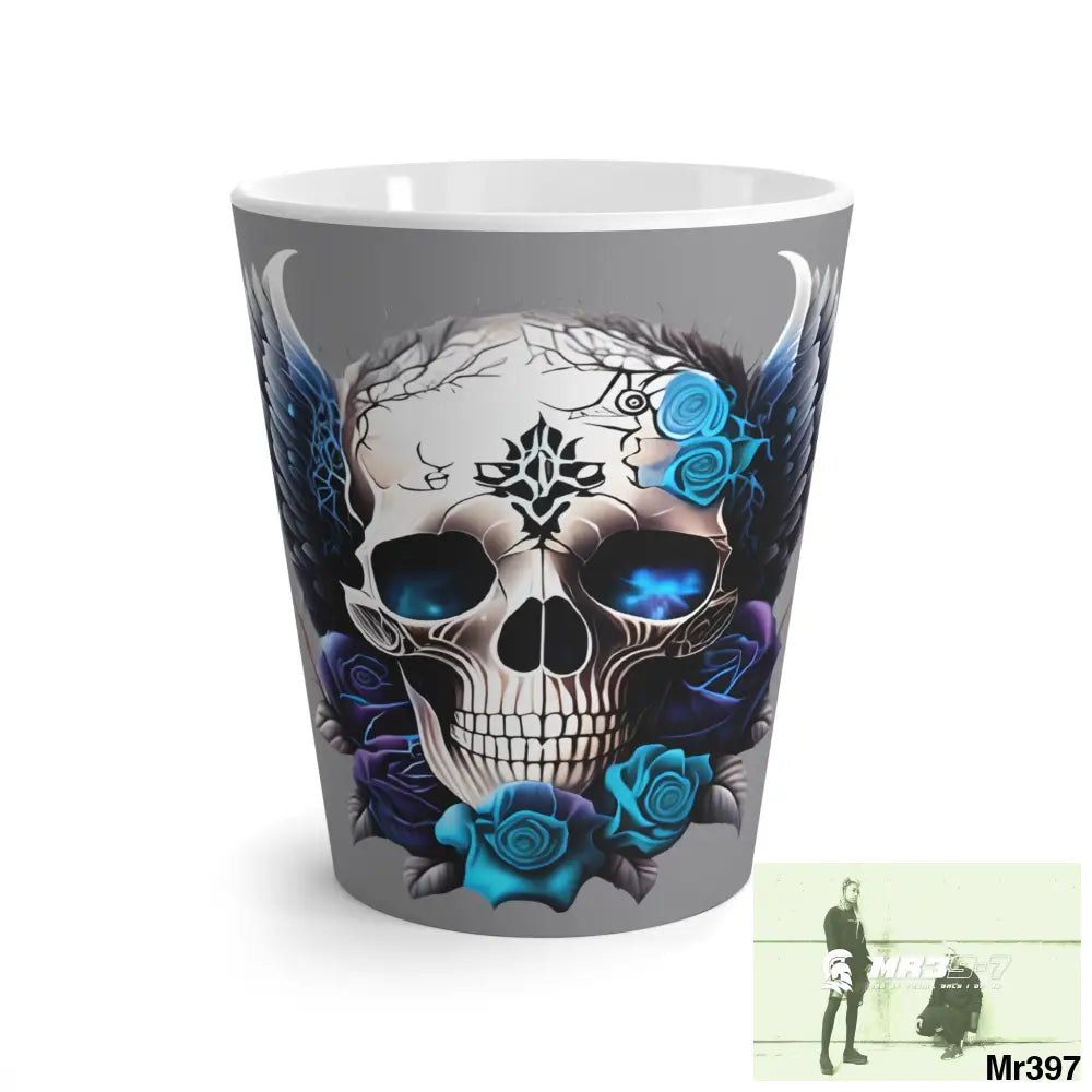 Gothic Skull with Black wings and Blue Roses Latte Mug 12oz Mug