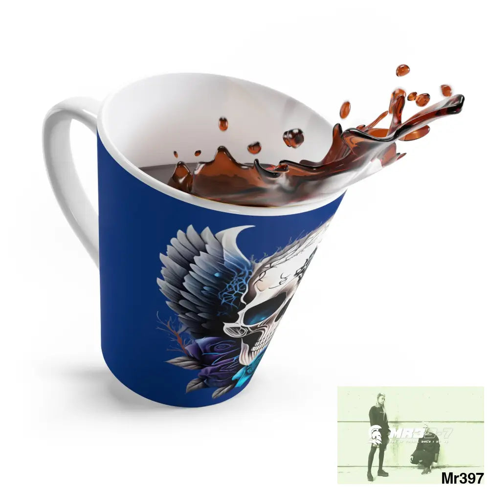 Gothic Skull with Black wings and Blue Roses Latte Mug 12oz Mug