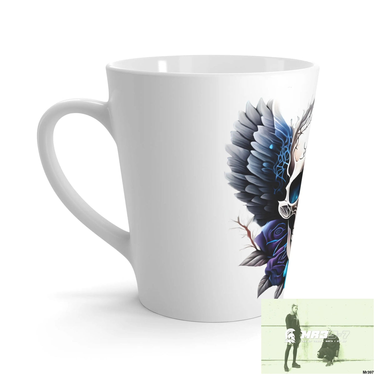 Gothic Skull with Black wings and Blue Roses Latte Mug 12oz Mug
