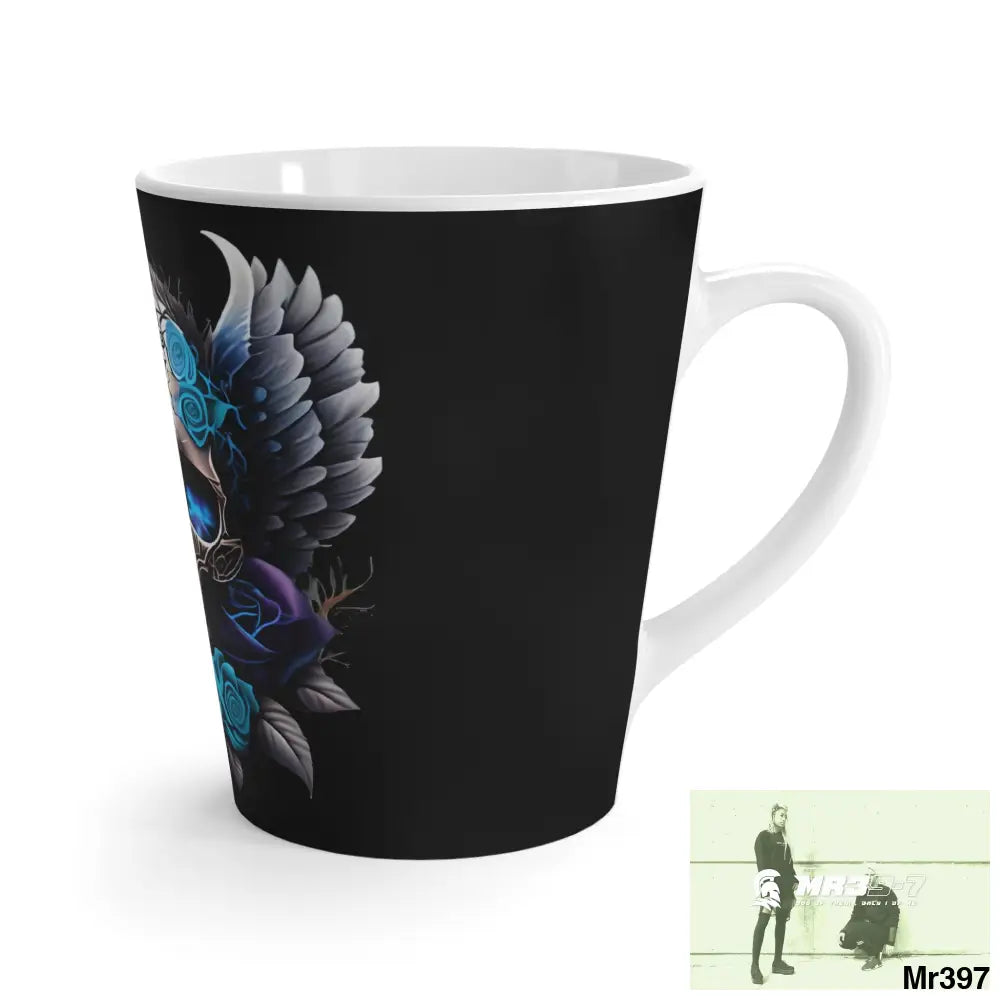 Gothic Skull with Black wings and Blue Roses Latte Mug 12oz Mug